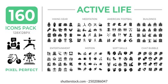 Active life glyphs icon set collection. Buildings, communication. Entertainment. Hiking gear, meditation mega pack of black solid symbols, pixel perfect. Isolated vector illustrations. Editable stroke