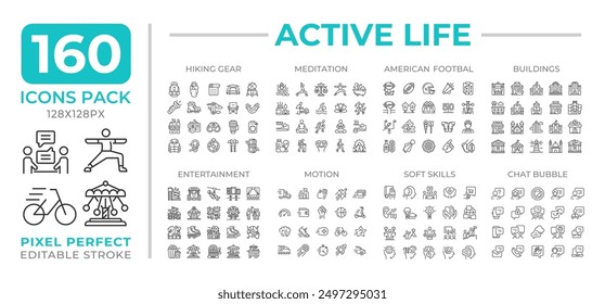 Active life line icons set collection. Buildings, communication. Entertainment. Hiking gear, meditation mega pack of linear pictograms, pixel perfect. Isolated vector illustrations. Editable stroke