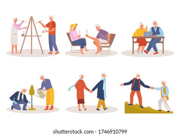 Active life old people. Elderly man woman draw, relax at resort in glasses, sit at laptop, plant tree together actively walk mountainous terrain. Cartoon vector style.