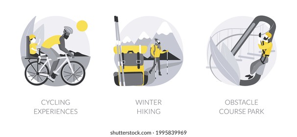 Active lifestyle abstract concept vector illustration set. Cycling experience, winter hiking, obstacle course park, extreme sports, outdoor workout, mountain vacation, city tour abstract metaphor.