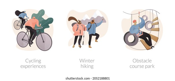 Active lifestyle abstract concept vector illustration set  Cycling experience  winter hiking  obstacle course park  extreme sports  outdoor workout  mountain vacation  city tour abstract metaphor 