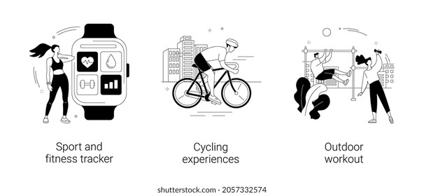 Active lifestyle abstract concept vector illustration set. Sport and fitness tracker, cycling experiences, outdoor workout, bike ride, street gym, exercise program, health monitor abstract metaphor.