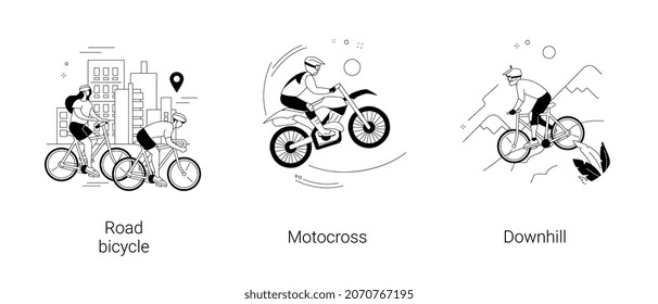 Active Lifestyle Abstract Concept Vector Illustration Set. Road Bicycle, Motocross And Downhill, Enduro Dirt Bike, Mountain Freeride, Fast Track, Extreme Sport, Urban Transport Abstract Metaphor.