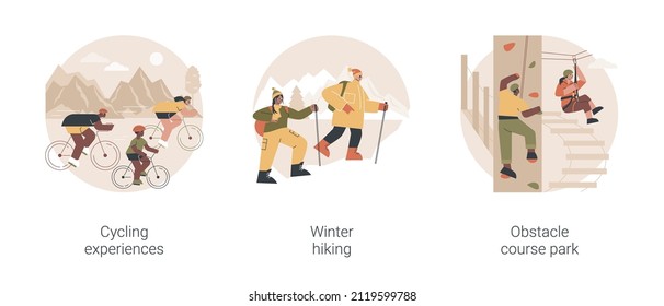 Active lifestyle abstract concept vector illustration set. Cycling experience, winter hiking, obstacle course park, extreme sports, outdoor workout, mountain vacation, city tour abstract metaphor.