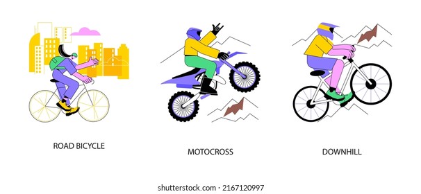 Active lifestyle abstract concept vector illustration set. Road bicycle, motocross and downhill, enduro dirt bike, mountain freeride, fast track, extreme sport, urban transport abstract metaphor.