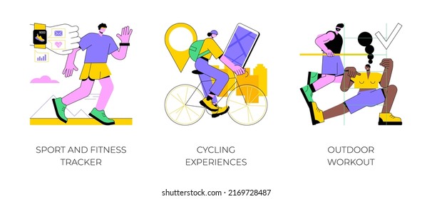 Active lifestyle abstract concept vector illustration set. Sport and fitness tracker, cycling experiences, outdoor workout, bike ride, street gym, exercise program, health monitor abstract metaphor.