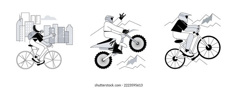 Active lifestyle abstract concept vector illustration set. Road bicycle, motocross and downhill, enduro dirt bike, mountain freeride, fast track, extreme sport, urban transport abstract metaphor.