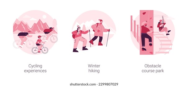 Active lifestyle abstract concept vector illustration set. Cycling experience, winter hiking, obstacle course park, extreme sports, outdoor workout, mountain vacation, city tour abstract metaphor.