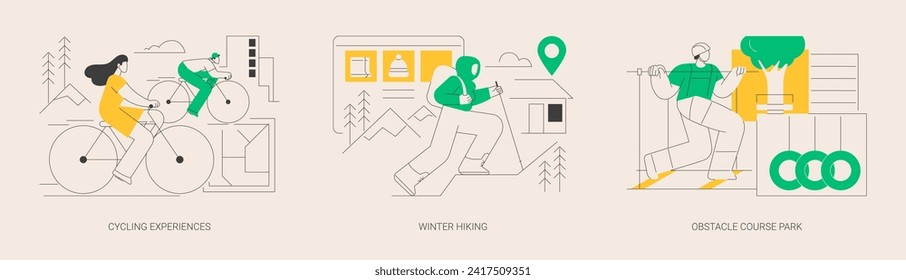 Active lifestyle abstract concept vector illustration set. Cycling experience, winter hiking, obstacle course park, extreme sports, outdoor workout, mountain vacation, city tour abstract metaphor.