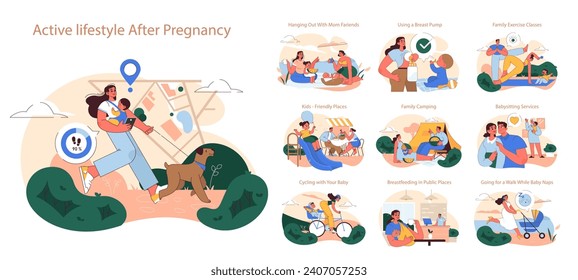 Active Lifestyle After Pregnancy set. New mothers enjoying outdoor activities, family bonding, and self-care. Embracing postpartum life.