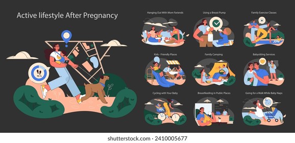 Active Lifestyle After Pregnancy set. New mothers enjoying outdoor activities, family bonding, and self-care. Embracing postpartum life.