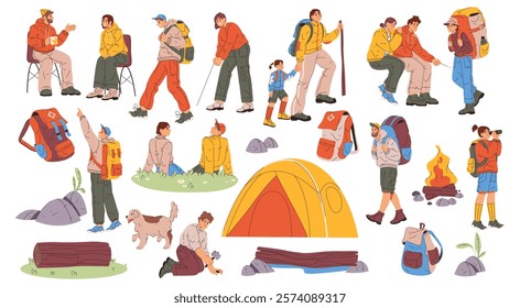 Active lifestyle of backpackers, climbers and hikers. Vector in flat style, isolated people hiking and camping, walking with backpacks, enjoying natural view and roasting marshmallow on bonfire