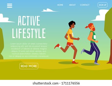 Active lifestyle banner template with people cartoon characters running at park background, flat vector illustration. Sportive healthy way of life concept.
