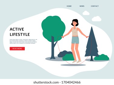 Active lifestyle banner template with woman cartoon character training in park, flat vector illustration. Background for fitness or wellness club advertising.