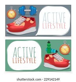 Active lifestyle banners for web. Bright cartoon headers with sports elements. Eps 10 vector illustration.