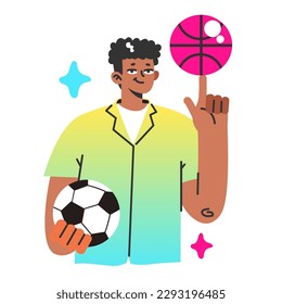 Active lifestyle. Black male character enjoying being outside, playing with a ball in the city park. Football and basketball game. Summer break activity. Flat vector illustration