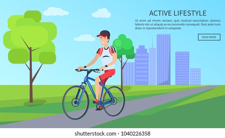 Active lifestyle bright poster vector illustration with one sportsman on blue bike, buildings silhouettes, grey road, summer landscape, set of clouds