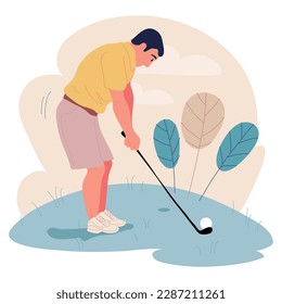 Active lifestyle. Characters enjoying being outside, playing golf in the city park or golf center. Summer vacation activity. Flat vector illustration