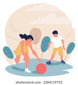 Active lifestyle. Chldren enjoying being outside, playing with a ball in the city park. Summer break activity. Flat vector illustration