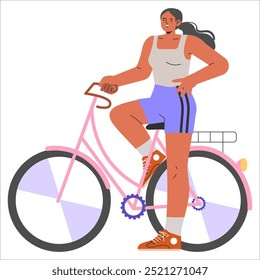 Active lifestyle concept. Confident woman poised on a pink bicycle, promoting health and fitness. Urban cycling, exercise routine. Vector illustration.