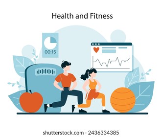 Active Lifestyle concept. Dynamic workout duo engaged in fitness routine. Monitoring health with technology and nutrition. The heartbeat of wellness visualized. Vector illustration
