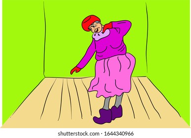 Active lifestyle concept. Grandmother  is dancing. Old woman and sport, hand drawing vector illustration color
