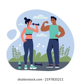 Active lifestyle concept. Man and woman go in for sports in fresh air. Training and fitness. Man pumps muscles, woman burns fat. Workout and strength exercises. Cartoon flat vector illustration