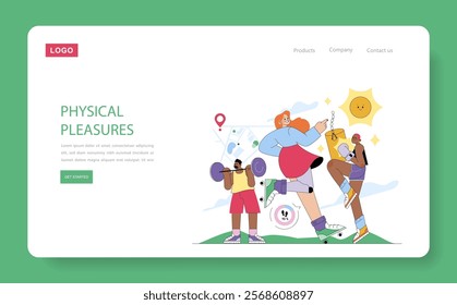 Active Lifestyle concept. People engaged in diverse outdoor activities, showcasing fitness and enjoyment. Playful scene with sports and leisure. Vector illustration.