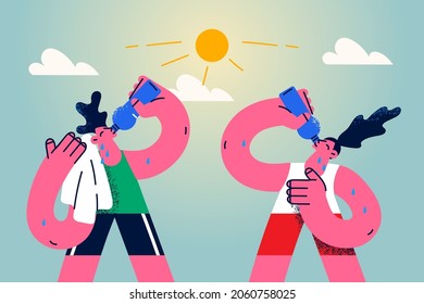 Active lifestyle and drinking water concept. Happy active sport couple man and woman standing outdoors in summer drinking bottle water after workout vector illustration 