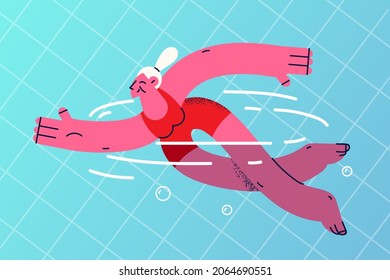 Active Lifestyle Of Elderly People Concept. Senior Woman Pensioner Cartoon Character Wearing Red Swimsuit Swimming Enjoying Active Sport Vector Illustration 