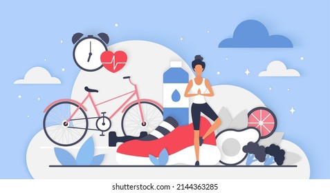 Active lifestyle with exercise workout and healthy diet. Tiny person in yoga tree zen pose, bicycle and sneakers for sport activity, natural ingredients for detox, slimming flat vector illustration