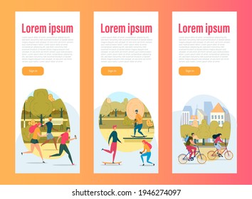 Active Lifestyle Fans Flat Vector Web Pages Set. Workout Outdoors and Extreme Sports Application Interface Templates Collection. Eco Friendly Transport UI Design with Cartoon Characters