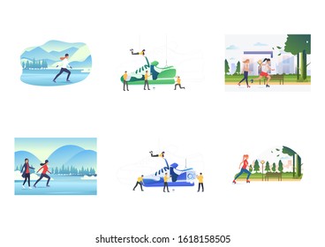Active lifestyle and fashion set. People designing sneakers, skating. Flat vector illustrations. Sport shoes, outdoor activity, seasonal sports concept for banner, website design or landing web page