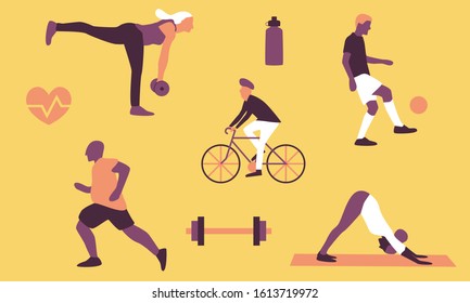 Active lifestyle flat vector set with workout icons including man running, riding bicycle and juggling football and woman lifting weights and doing yoga