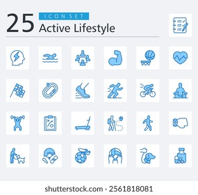 ACTIVE LIFESTYLE ICON SET BLUE STYLE with to do list, energy, swimming, meeting, muscle, basketball and heart beat