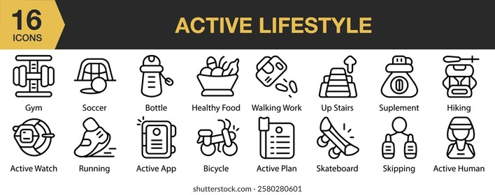 Active Lifestyle icon set. Includes lifestyle, sport, fitness, healthy, people, exercise, and More. Outline icons vector collection.