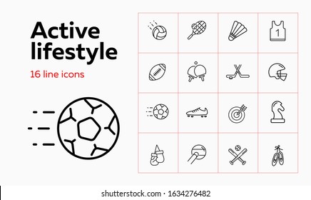 Active lifestyle icon set. Set of line icons on white background. Sport concept. T-shirt, rugby, bicycle. Vector illustration can be used for topics like hockey, football, sport