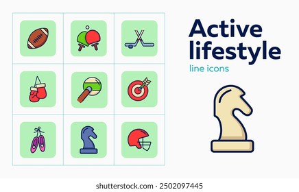 Active lifestyle icon set. Set of line icons on green background. Sport concept. T-shirt, rugby, bicycle. Vector illustration can be used for topics like hockey, football, sport