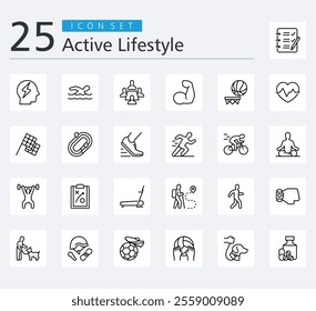 ACTIVE LIFESTYLE ICON SET OUTLINE STYLE with to do list, energy, swimming, meeting, muscle, basketball and heart beat