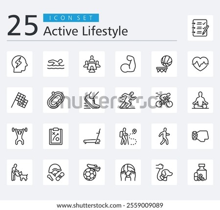 ACTIVE LIFESTYLE ICON SET OUTLINE STYLE with to do list, energy, swimming, meeting, muscle, basketball and heart beat