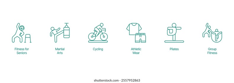 Active Lifestyle Icon Set - Vector Illustrations for Senior Fitness, Martial Arts, Cycling, Athletic Wear, Pilates, and Group Fitness