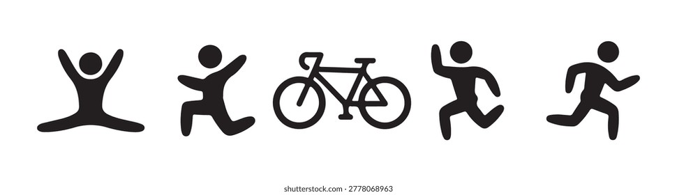 Active lifestyle icons, jumping, running, bicycle, and celebrating figures for sports and recreation.