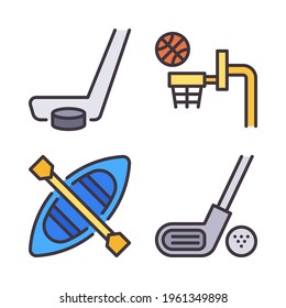 Active Lifestyle icons set (Filled Line) = Ice hockey, hoop basketball, kayak, golf. Perfect for website mobile app, app icons, presentation, illustration and any other projects.