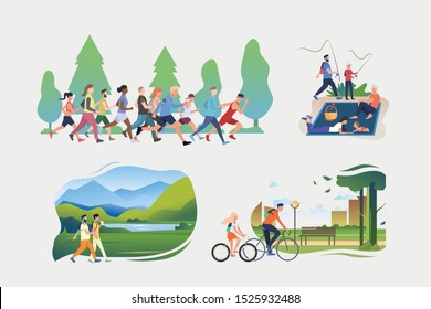 Active lifestyle illustration collection. People running in crowd, hiking, fishing, riding bikes. Activity concept. Vector illustration for posters, banners, flyers
