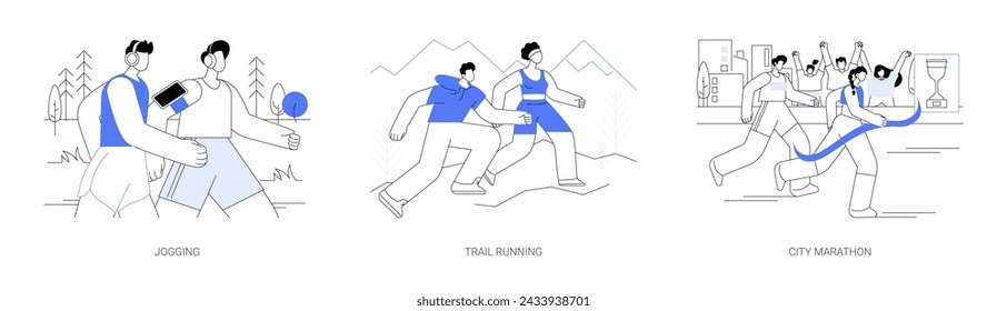 Active lifestyle isolated cartoon vector illustrations set. Jogging in the morning in headphones, mountain trail running, city marathon, health and wellness, cardio training vector cartoon.