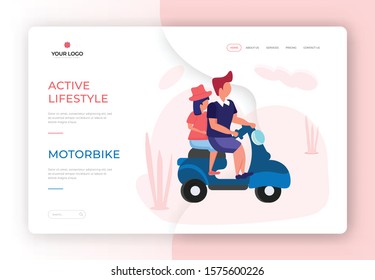 Active Lifestyle Landing Page Design. Young Lovely Couple Trip Riding Motorcycle Vector Illustration. Riding Scooter Urban Transportation Website Banner. Traveling Web Site Home Page Concept.