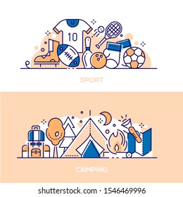 Active lifestyle, leisure linear banner templates set. Sport accessories line items. Camping recreation idea with tent, backpack, campfire illustration. Summertime vacation relax poster design layout