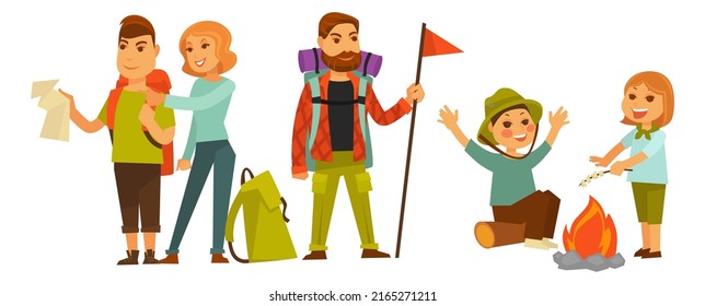Active lifestyle and leisure on weekends on holiday, hiking and trekking, camping with parents and children. Kids by bonfire roasting barbeque. People with map and flags. Vector in flat style