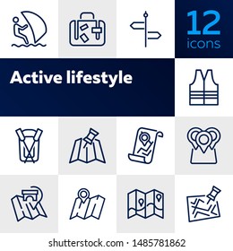 Active lifestyle line icon set. Set of line icons on white background. Boat, surfing, map. Tourism concept. Vector illustration can be used for topics like travelling, activity