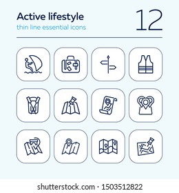 Active lifestyle line icon set. Set of line icons on white background. Boat, surfing, map. Tourism concept. Vector illustration can be used for topics like travelling, activity
